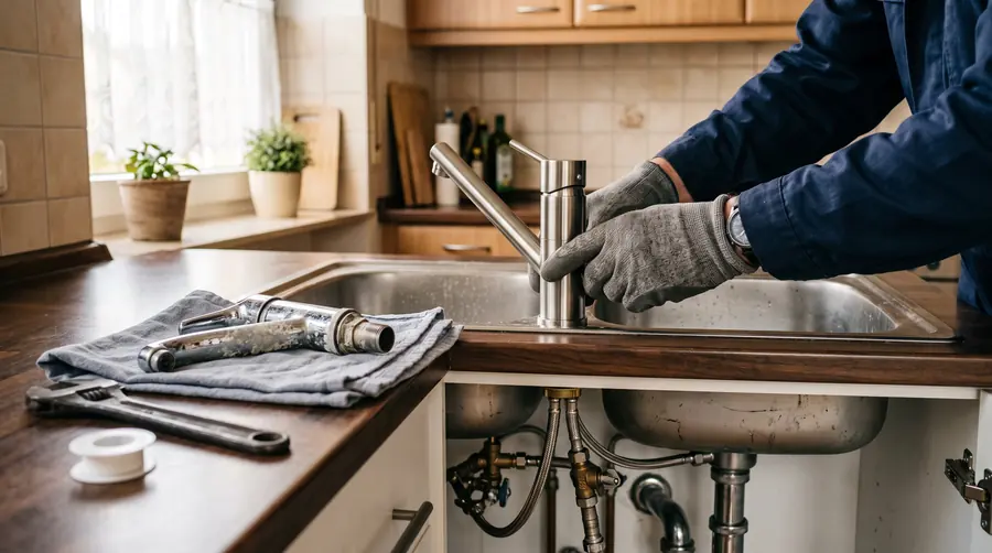 Armaturentausch in Bochum: neue Küchenarmatur wird an der Spüle montiert