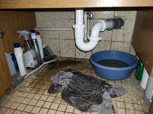 Foto einer undichten Leitung unter einem Waschbecken
