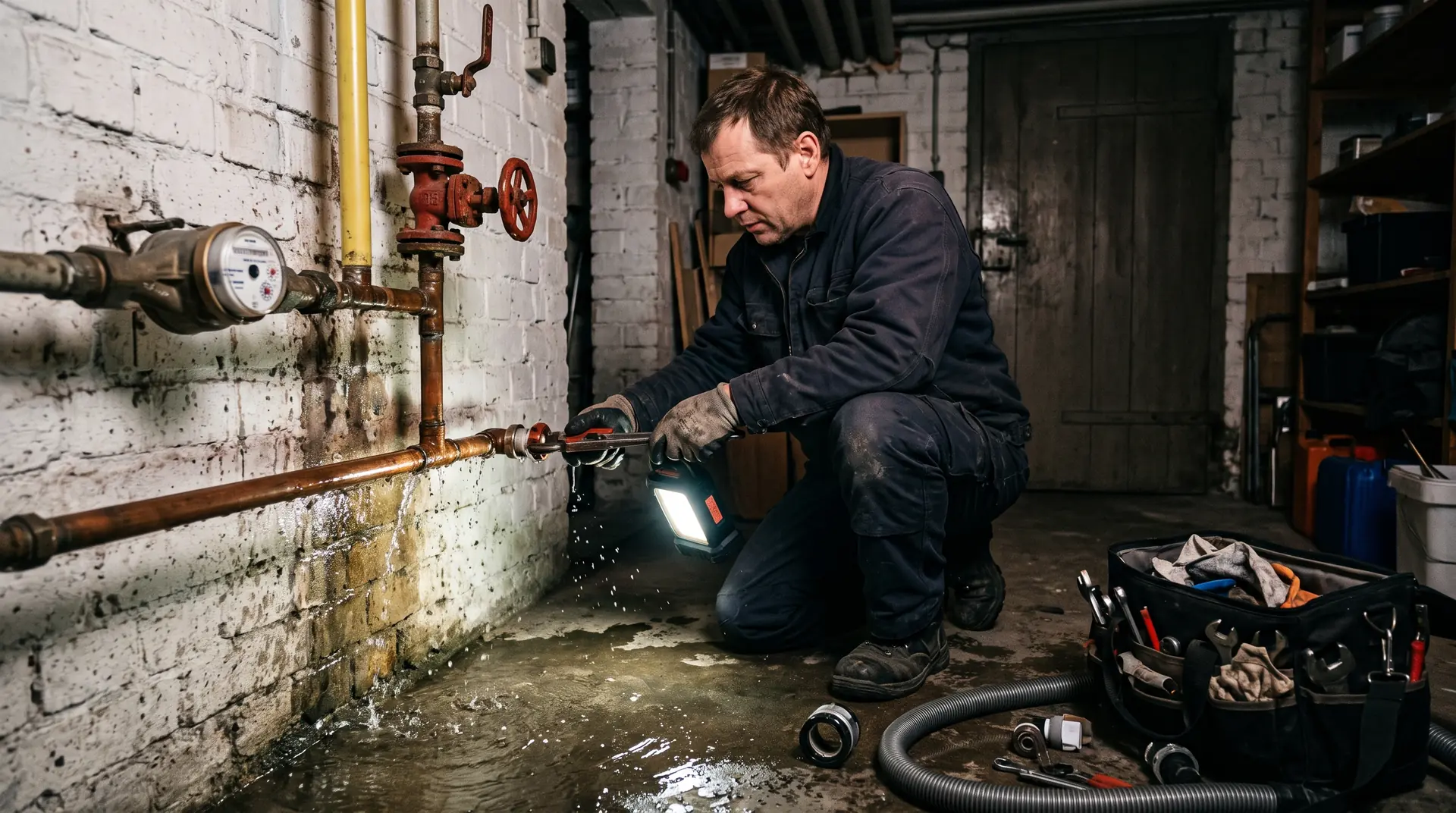 Sanitär-Notdienst in Bochum: Handwerker bei Nacht an einer gebrochenen Wasserleitung im Keller