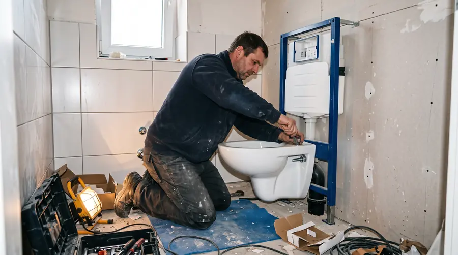 Sanitärinstallation in Bochum: Montage eines Wand-WC auf dem Vorwandelement