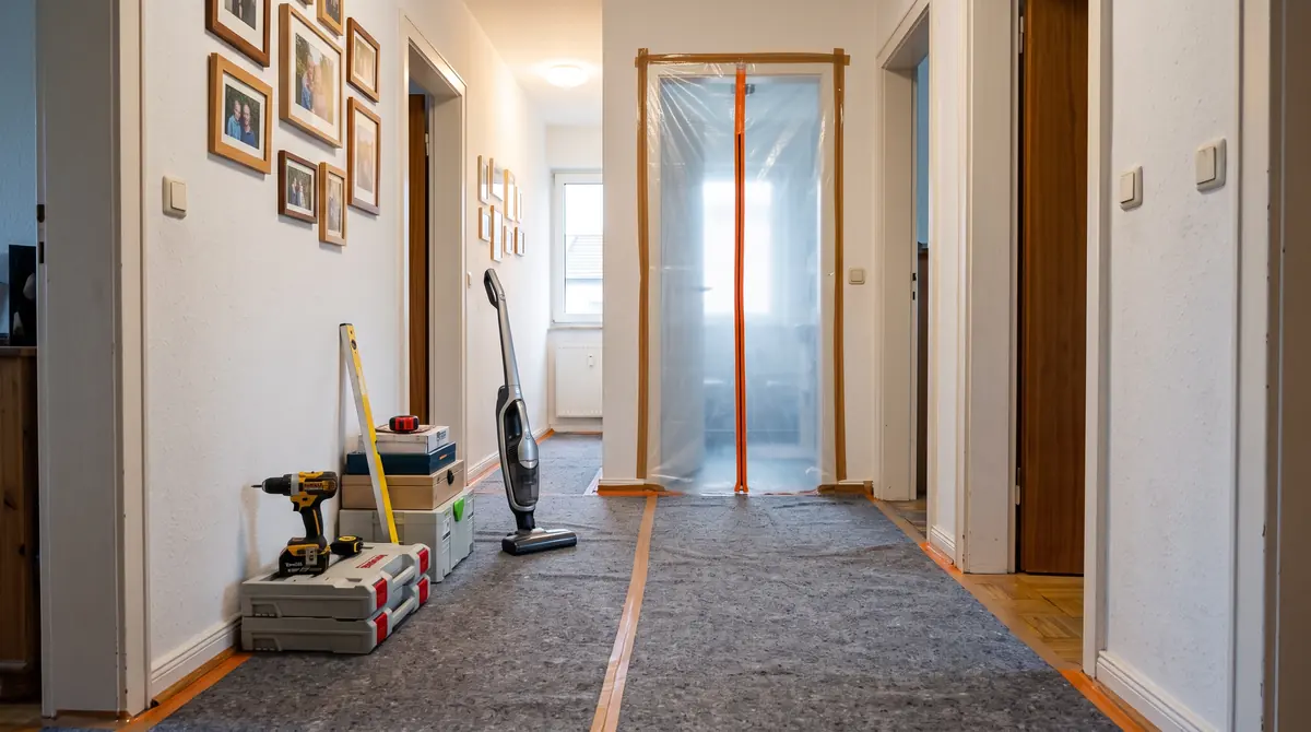 Mit Vlies ausgelegter Flur und abgeklebte Badtür während einer Badsanierung in Bochum