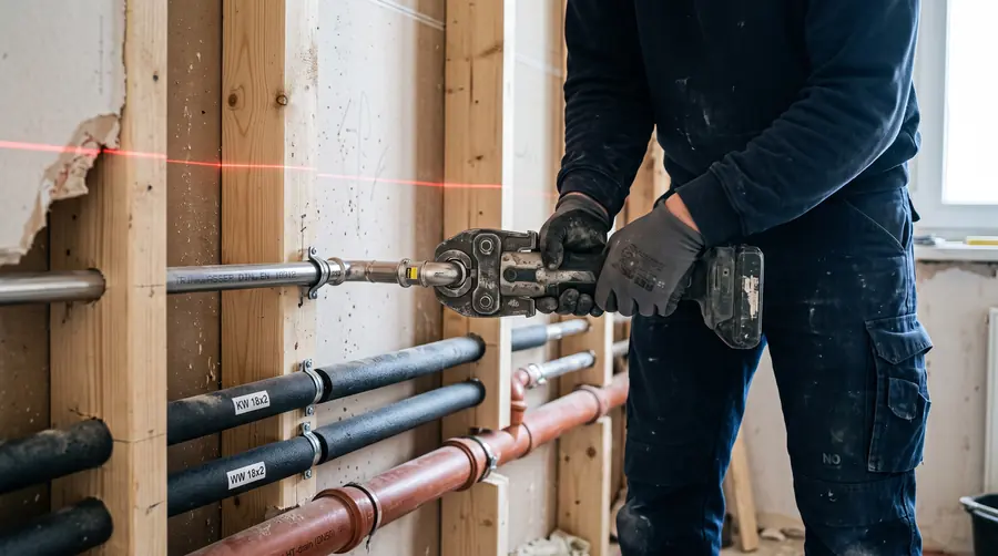 Wasserinstallation in Bochum: Pressfitting wird an einer Trinkwasserleitung verpresst